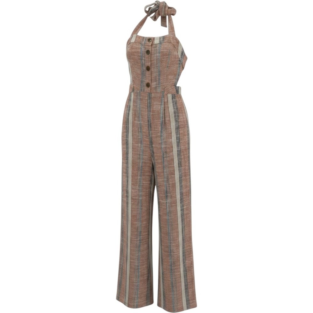 Karlie Small Striped Halter Jumpsuit Terracotta Linen Blend Wide Leg Summer TIme - Picture 1 of 9